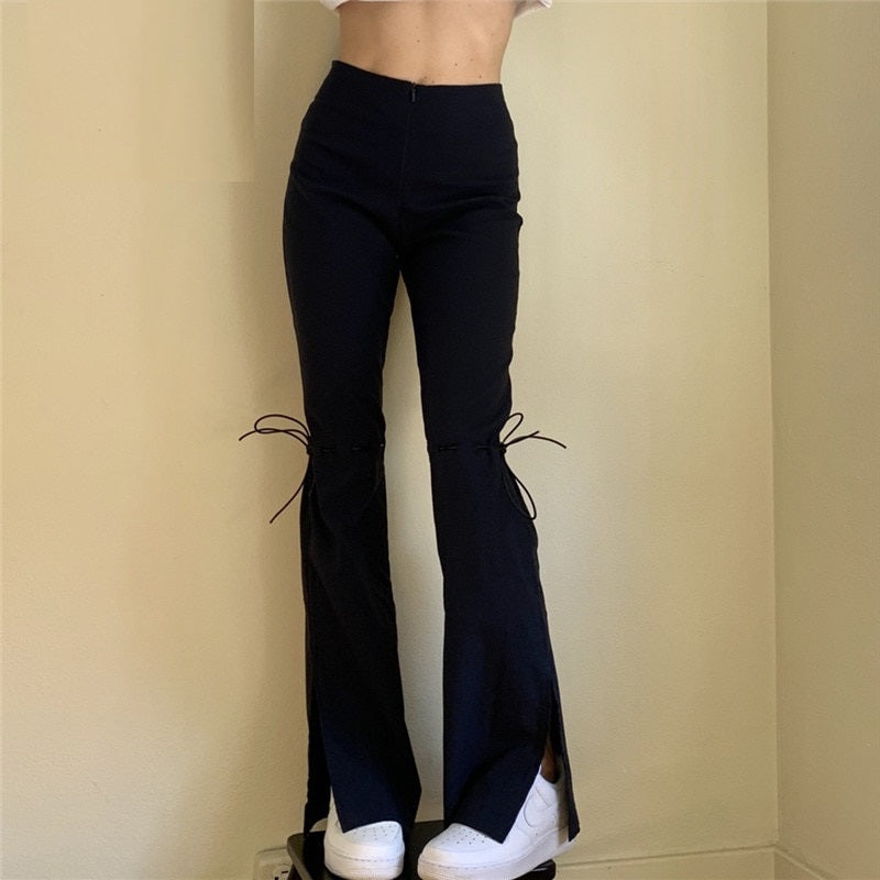 Black Lace Up Split Flare Pants Women Trousers Streetwear Fashion Sexy High Waisted Pants Indie