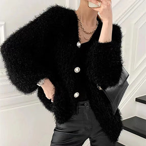 Elegant Autumn Winter V Neck Knitted Mohair Cardigan Swater Coat Fashion Chic Women Pearl Single Breasted Soft Thick Loose Coat