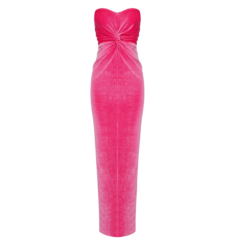 Hot Pink Strapless Velvet Dresses Women Trendy Cross Knot Design Bodycon Long Elegant Dress Vestido