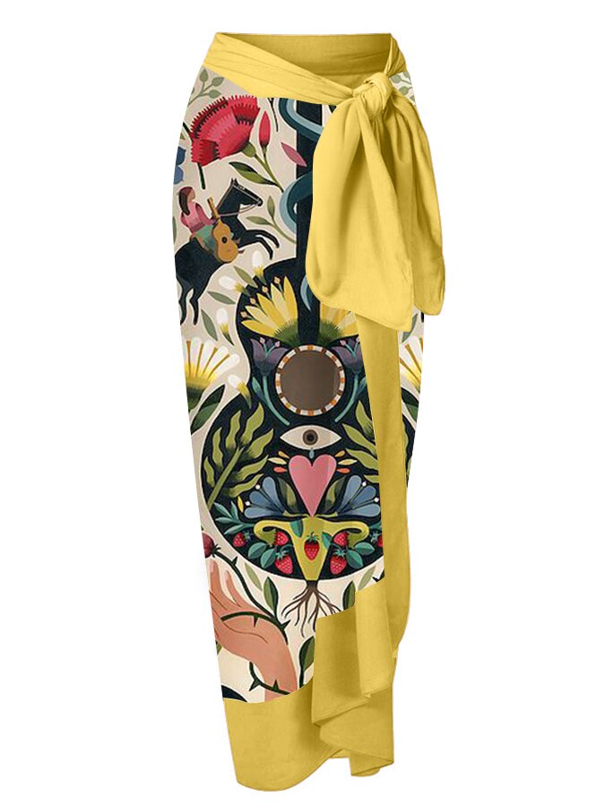 Female Retro Printed One Piece Tie Swimsuit &amp;Skirt Yellow Holiday Beach Dress Designer Bathing Suit Summer Surf Wear