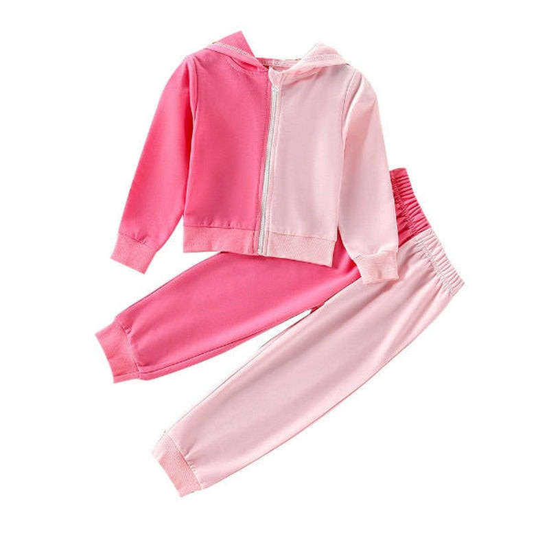 2023 Spring Colorblock Clothes 2pcs/set Girl Clothing Hooded Crop T-shirt+Pants