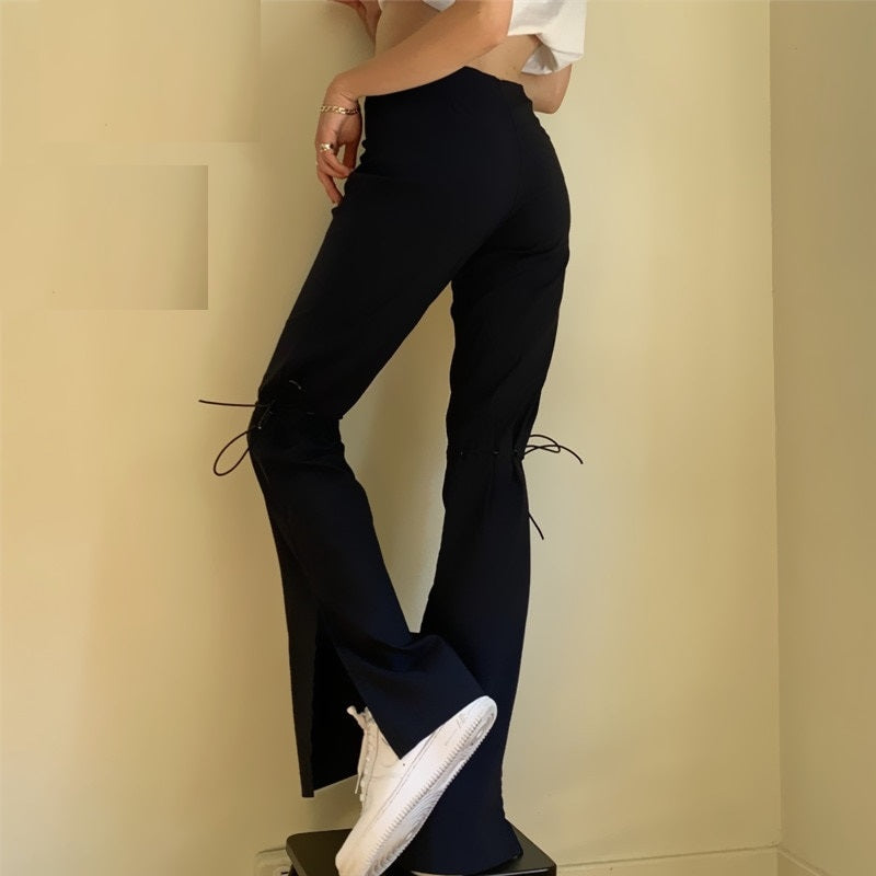 Black Lace Up Split Flare Pants Women Trousers Streetwear Fashion Sexy High Waisted Pants Indie