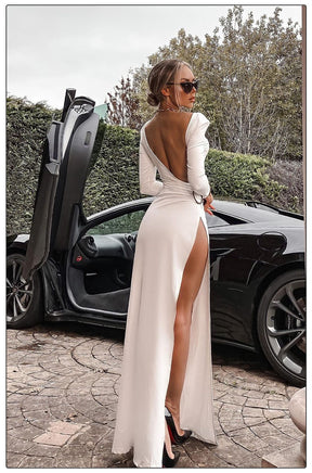 Catwalk Dress Feminine Halter Long Sleeves Side High Slit Metal Buckle Decoration Round Neck Long Skirt