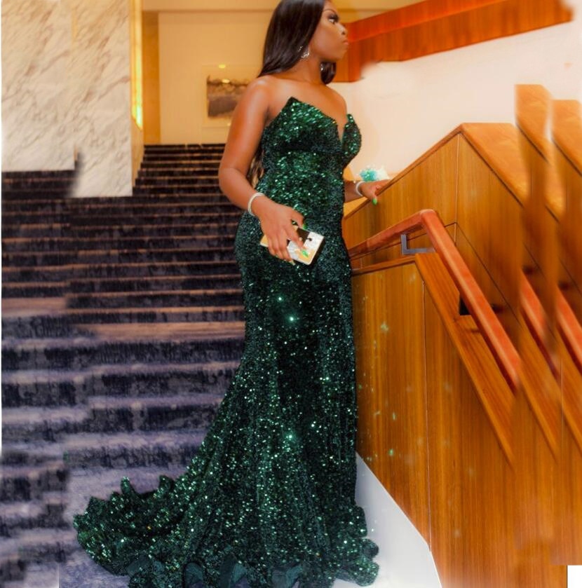 Sparkly Green Evening Dresses Mermaid Charming Long Prom Gowns 2022 Sweetheart Neck Party Graduation Dress
