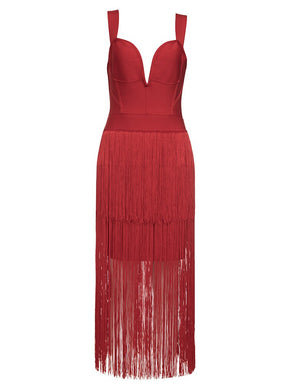 Sexy Spaghetti Strap Tassels Designer Bandage Dress Summer Red V Neck Backless Skinny Long Bandage Dress Evening Celebrity Party