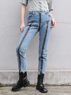 Jeans Patchwork High Waist Zipper Split Fork Burr Long Straight Denim Pencil Pants Spring 2023 New