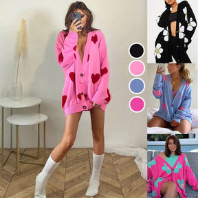 Knitted Cardigan Sweater Mid Length V Neck Casual Loose Jacket  Vintage Printed Pink Single Breasted Sweater Coat