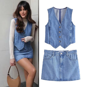 Fashion Denim Woment suit Chic Street Two-piece Set