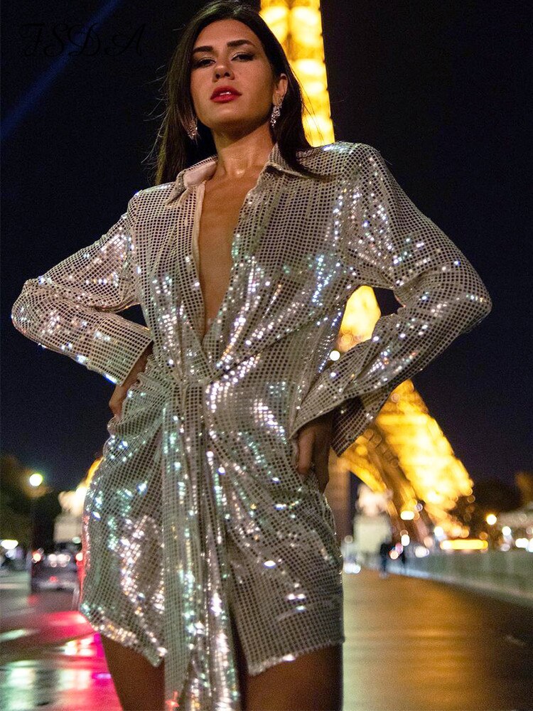 Glitter Silver Top Sequin Shirt Long Sleeve Bling Jacket Blouse Dress With Belt Women Fall Clothes Party