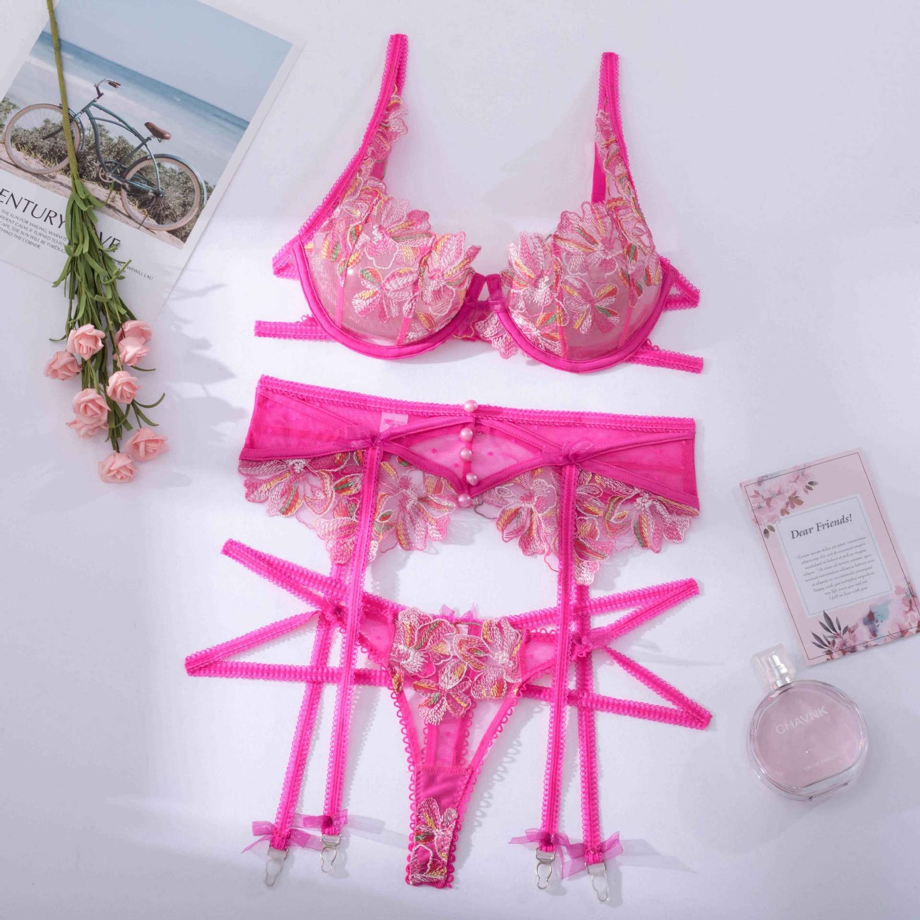 Ellolace Fancy Pink Lingerie Floral Embroidery Sexy Thongs Garter Bra Suit 3-Pieces Delicate Luxury Lace Beautiful Underwear