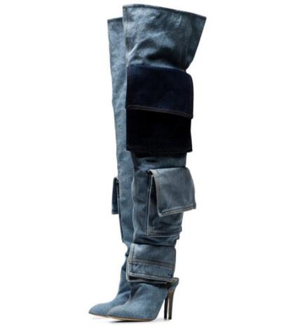 Winter New Women Fashion Blue Jeans Denim Pointed Toe Pocket Over The Knee Boots Female Thin High Heel Loose Thigh Long Botas