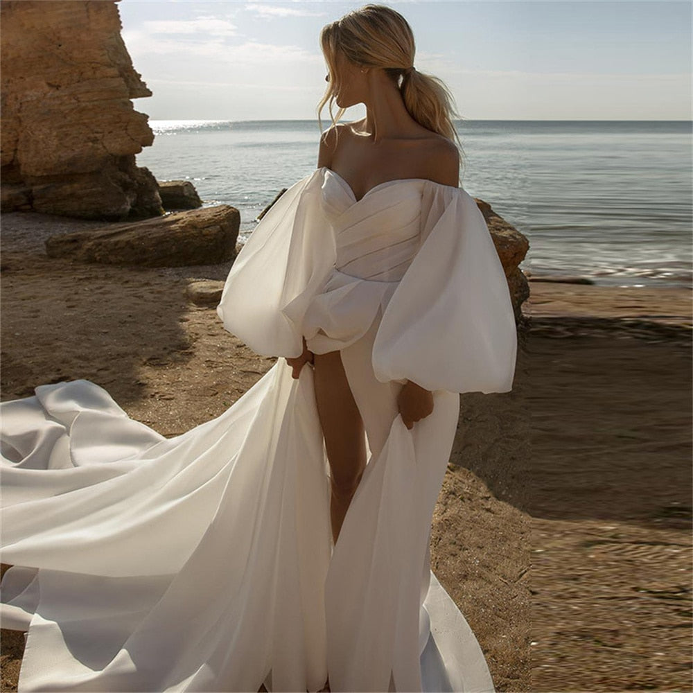 Boho Beach Wedding Dresses  For Women Off The Shoulder Puffy Sleeves Simple A-Line Bride Gowns Side Slit Vestidos De Novia