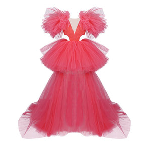Hot Pink Wedding/party/photoshoot Dress Women Luxury Sweet Cascading Ruffles Design Mesh Long Dress