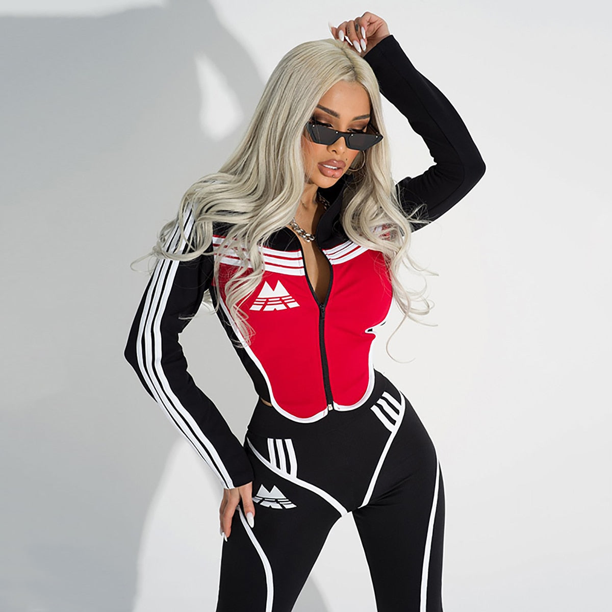 Fashion Sportswear Black and Red High Waist Slim Zipper Striped Color Block Sports Gym Yoga Suits for Women