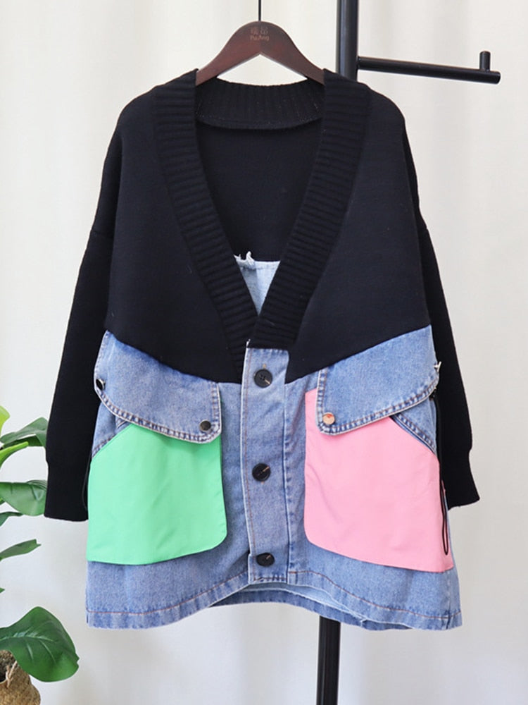 Denim Patchwork Knitted Sweaters For Women V Neck Color Block Loose Female Outwear Clothing 2022 Winter