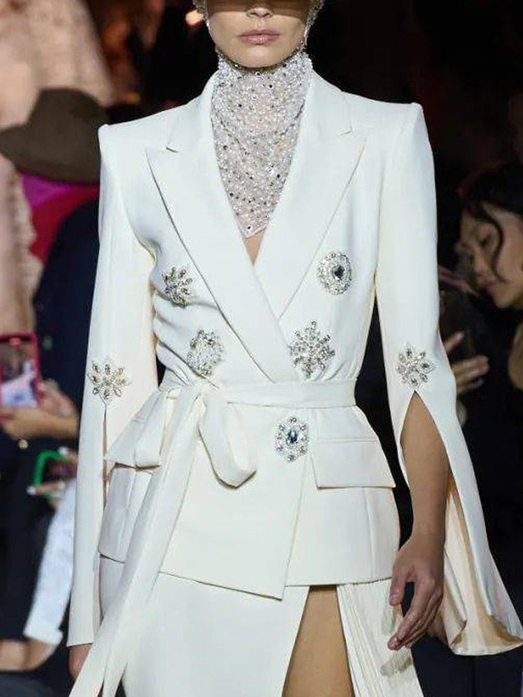 Designer Jacket Women's Slit Sleeve Rhinestone Diamonds Beading Belted Blazer