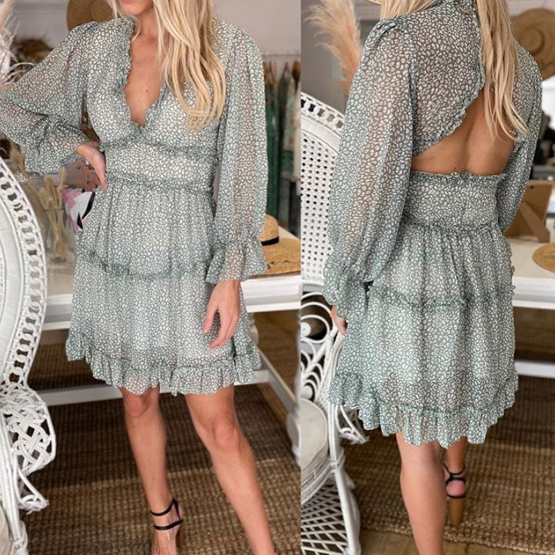 BOHO INSPIRED Harlow Floral Print Ruffle Dress women backless V-neck dress women mini summer dress