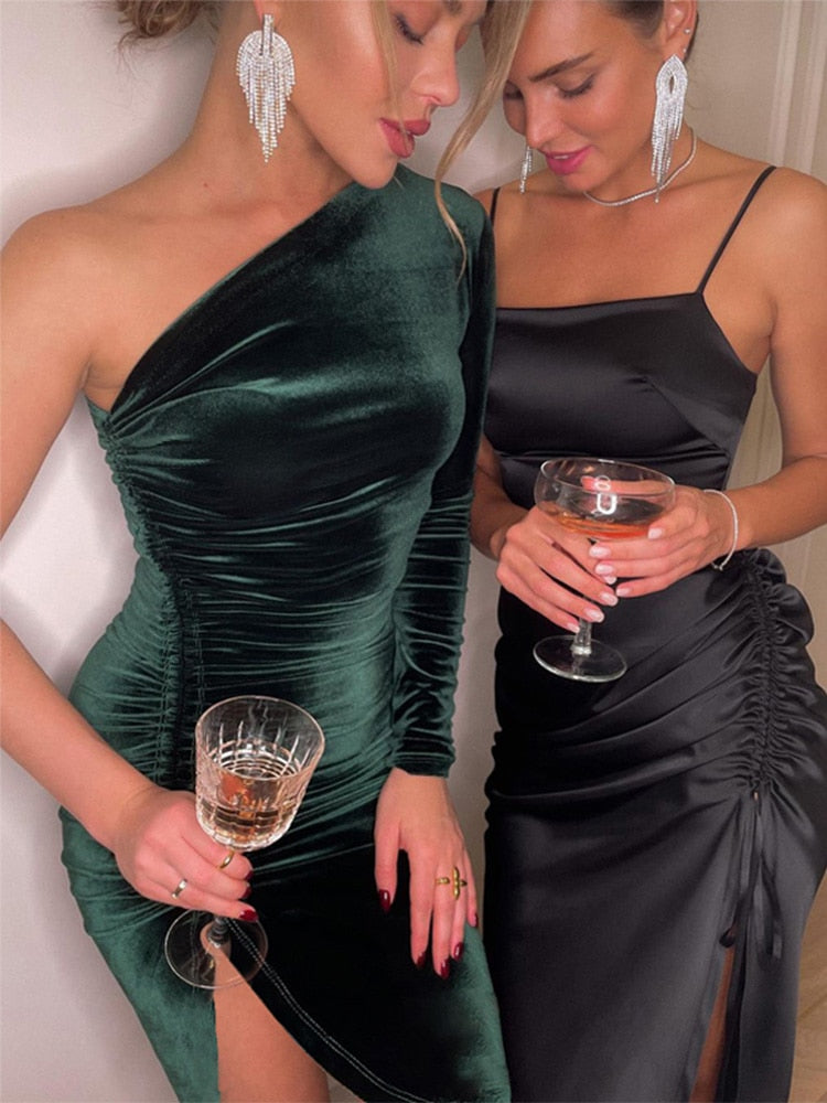 Women Elegant Long Sleeve Party Evening Velvet Bodycon Split Pencil Midi Dress