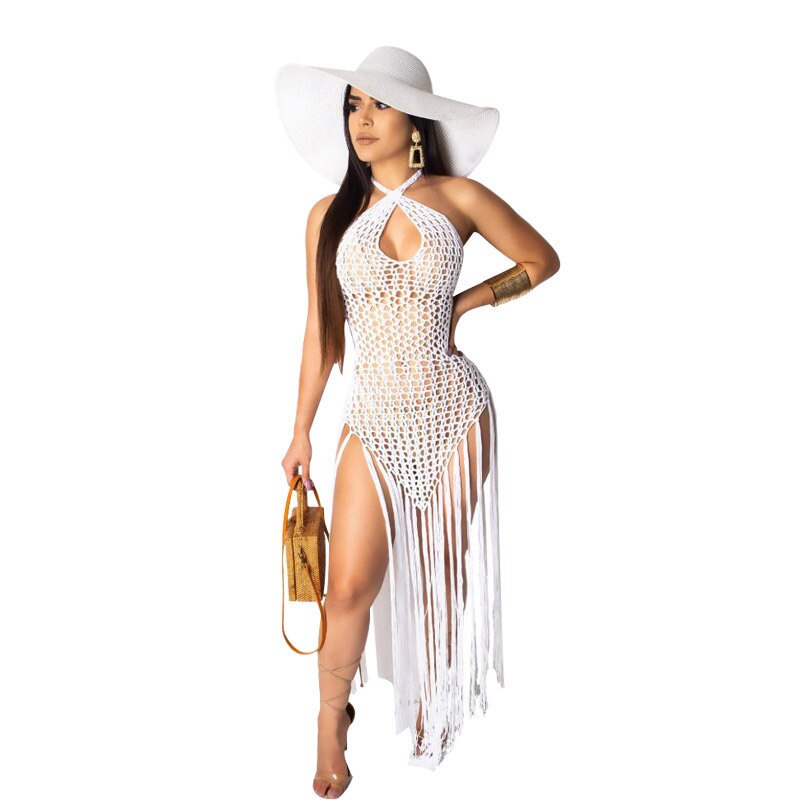 Women’s Knitted Maxi Dresses Sexy Holiday Bandage Halter Neck Sleeveless Backless Beach Long Robe Hollow Out Tassels Knitwear