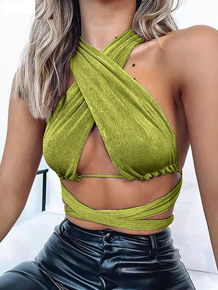 Green Halter Crop Top Women 2022 Summer Sexy Hollow Out Backless Tank Top Y2K Bandage Wrap Bralette Top Camis Tanks