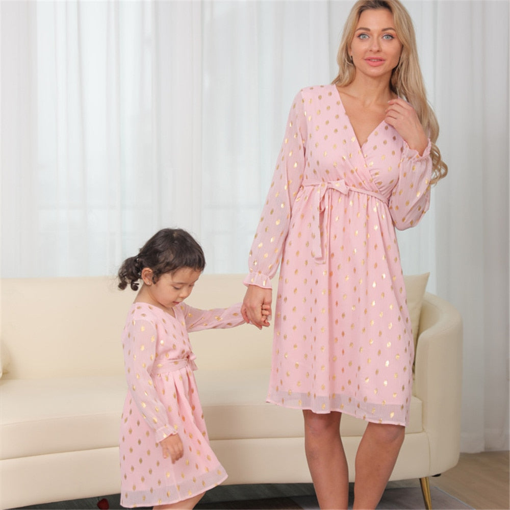 Mom And Daughter Family Matching Outfits Pink Fashion Sequin Dress Princess Dress Matching Clothes Mother Daughter Clothe