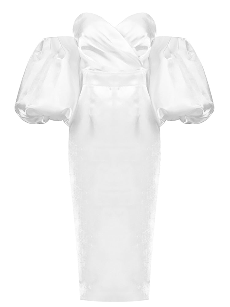 Sexy V-neck Strapless Puff Sleeve Satin Midi Dress Women Off the Shoulder Lantern Sleeve Knee-Length Dress Party Evening Dress