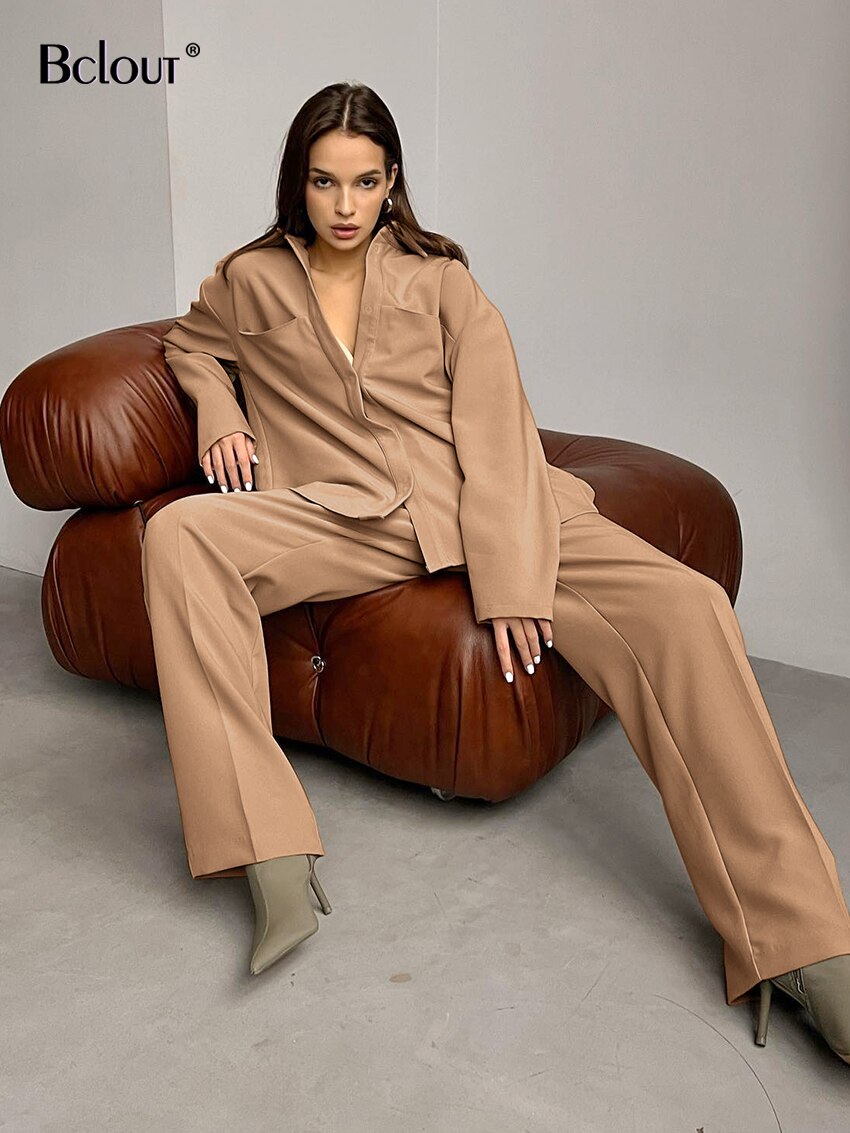 Bclout Winter Long Pants 2 Piece Sets Womens Outfits Elegant Khaki Long Sleeve Loose Blazer Office Lady Pleated Pants Suits 2022