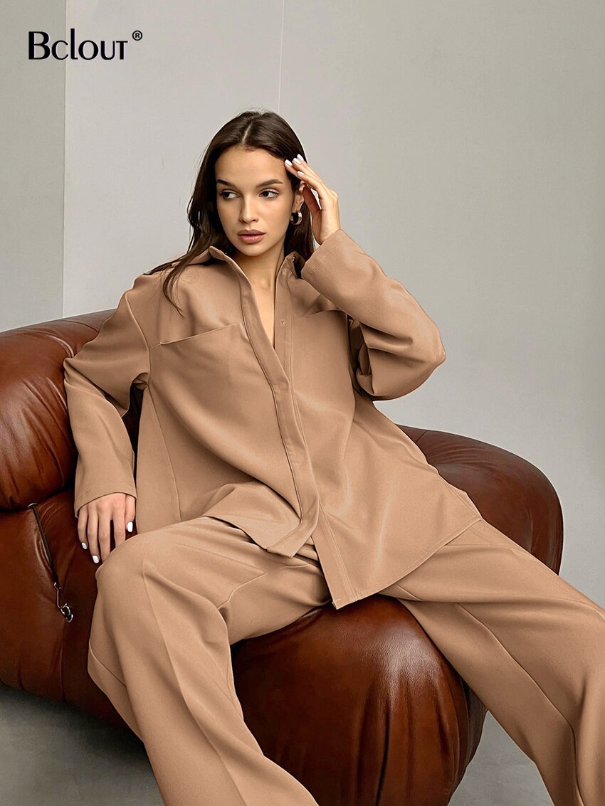 Bclout Winter Long Pants 2 Piece Sets Womens Outfits Elegant Khaki Long Sleeve Loose Blazer Office Lady Pleated Pants Suits 2022