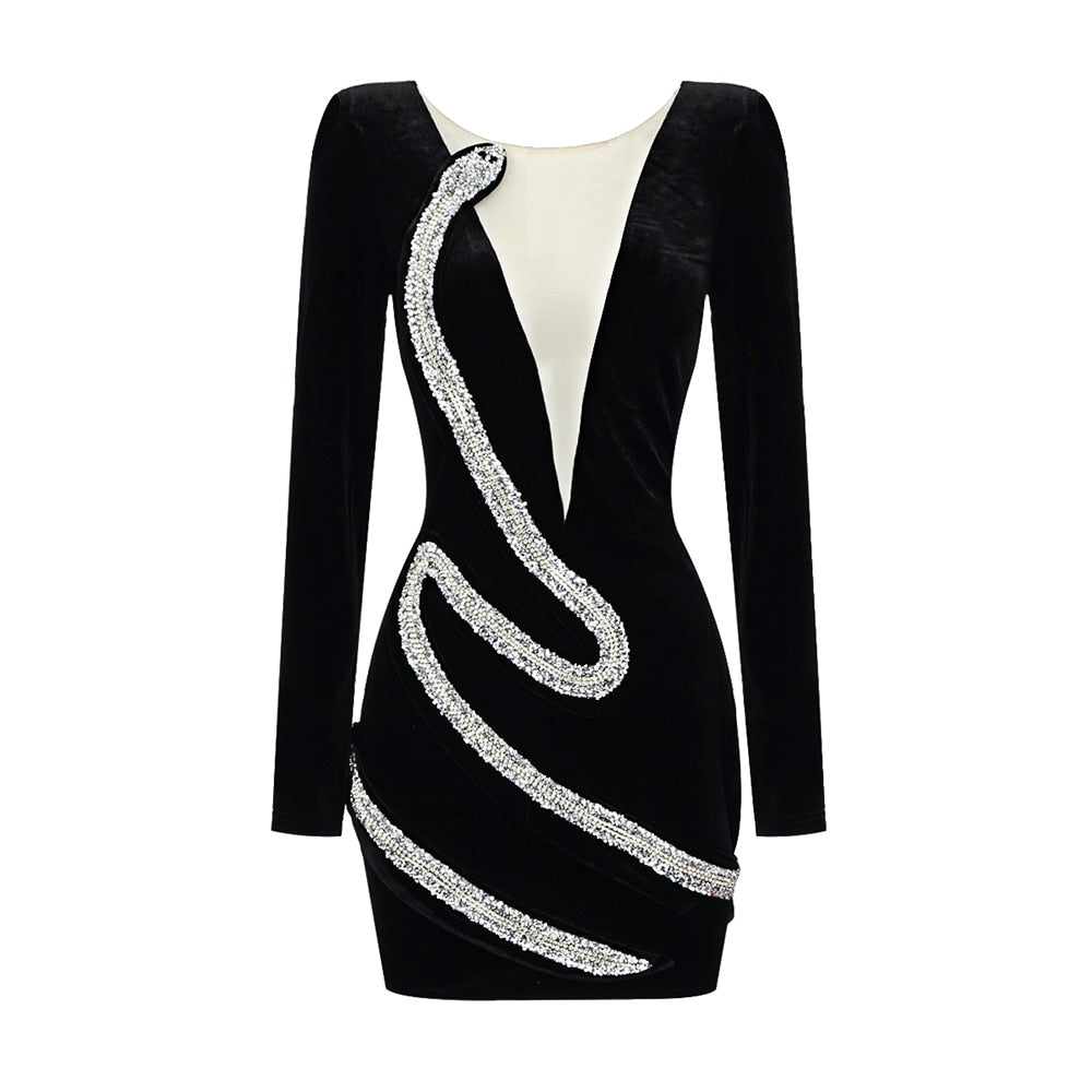 Velvet Mini Dress Women Beads Design Long Sleeve Black Evening Party Dress With Back Zipper