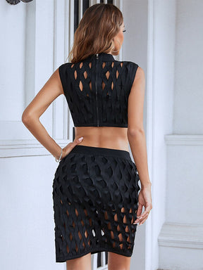 Sexy Crop Top and Skirt Set 2 Piece Set Women Black O Neck Hollow Out Skinny Club Party Dress Set Elegant Celebrity Club Party