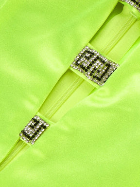 Evening Party Dress For Women Rhinestone Hollow Out  High Slit Neon Green Strapless Long Dress With Sleeve Glove