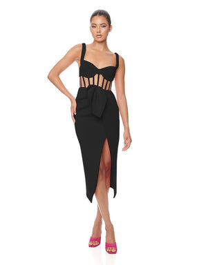 Sexy Spaghetti Strap Hollow Midi Bandage Dress Elegant Draped Mesh Slit Sleeveless Backless Bodycon Dress Red Black Club Party