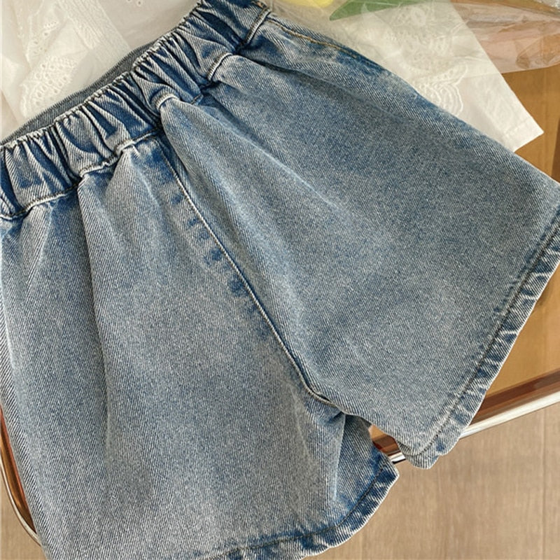 2022 New Summer Suit White Shirt+Denim Shorts 2Pcs Kid Clothes Children Suit Clothing Sets For 3-7 Years