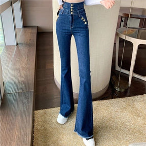 Single Breasted High Waist Flare Jeans for Women Autumn High Street Slim Boot Cut Denim Pants Ladies Fishtail 4 Button Jeans