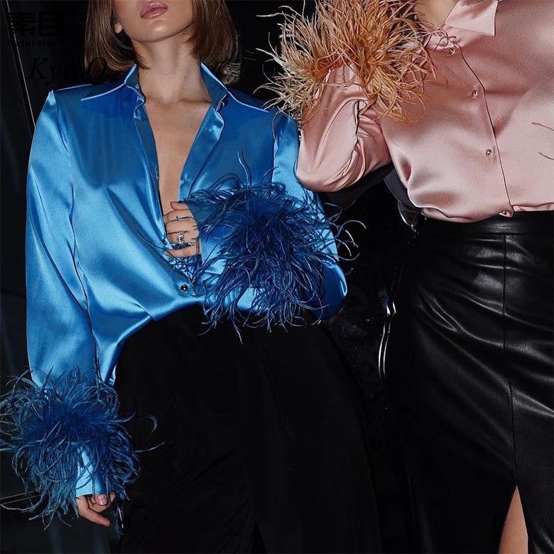 Royal Blue Long-Sleeved Feather Tassel Stitching Turn-down Collar Shirt Niche Fashion Casual Top Women