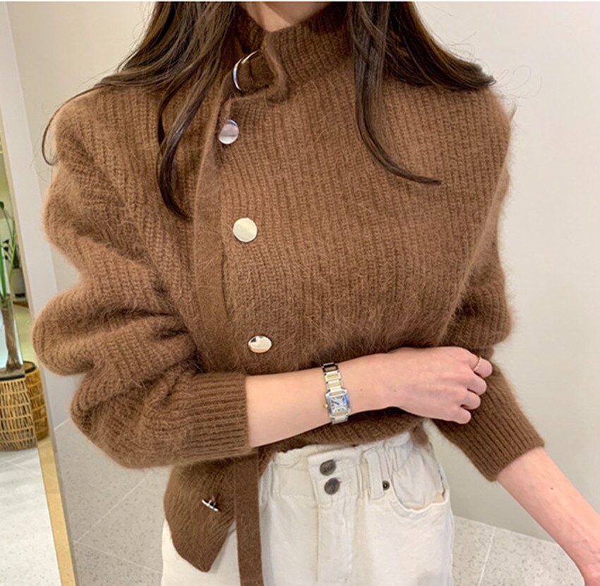 Mink Cashmere Sweater Cardigan Chic Women Single Breasted Knitted Soft Coats