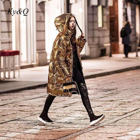 Luxury Gold Sequined Hooded Straight Tube Overcoat Fashion Cotton Jacket runway Party Coat