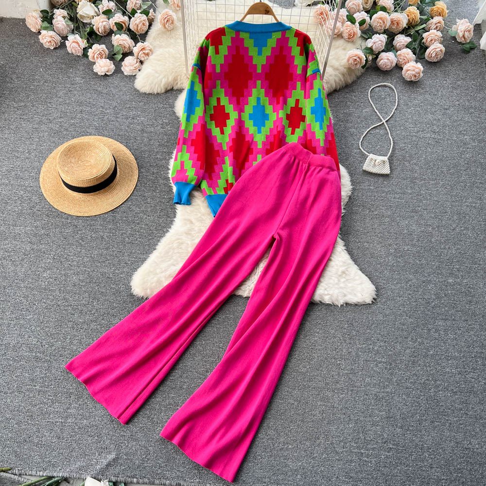 women knit two pieces sets vintage print v neck sweater long sleeve cardigan and wide leg pants sets autumn fashion clothing