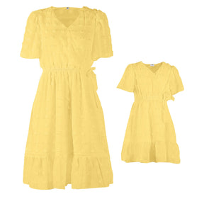 Fashion V-neck Mother and Daughter Dress Short-sleeved Solid Cute Mommy and Me Summer Clothes Princess Dress for Women Girls