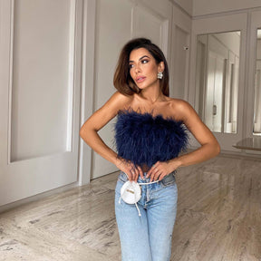 Feather Top Summer Women Sexy Off Shoulder Cropped