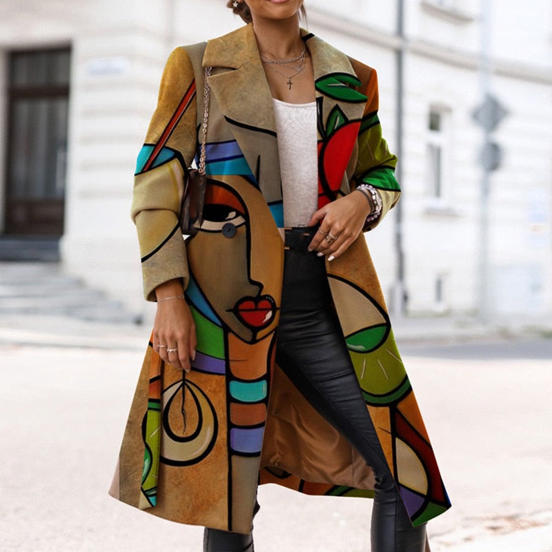 Women Elegant Lapel Winter Windbreaker Jackets Loose Casual Long Sleeve Outerwear Fashion Letter Pattern Print Long Trench Coats