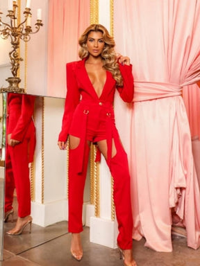 Sexy V-Neck Long Sleeve Blazer Coat + Long/Short Pants Detachable 3 Piece Set BodySuit Red Orange Cutout Trouser Blazer Runway