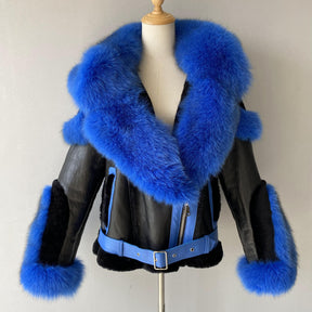 Women Shearling Coat With Real Fox Fur Ladies Winter Thick Warm Lamb Fur Jacket Sheepskin Full Sleeves Outerwear New