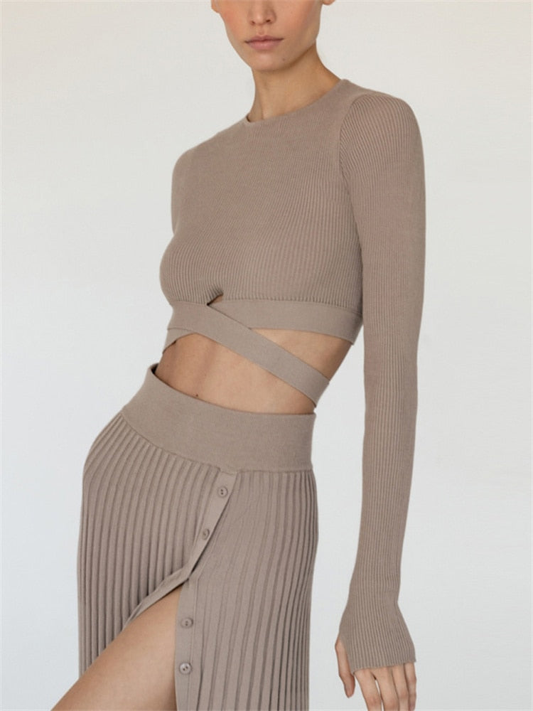 Tossy New White Knit Two Piece Women Sets Fall Ribbed Crop Top And Pleated Knitted Skirt Suits For Women Midi Dress Sets 2022