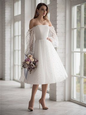 Modern  A-Line Short Wedding Dress For Women 2023 Custom Made Robe De Mariee Dot Net Strapless Detachable Puff Sleeves White