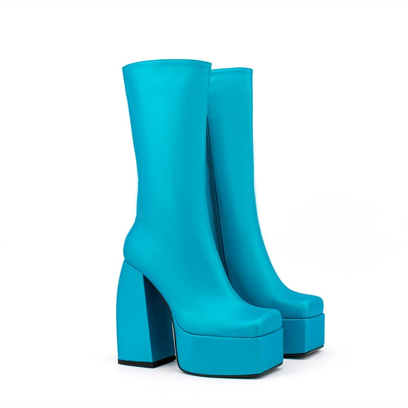 New winter Mid-calf boots11cm square head side zipper high heels 5cm waterproof platform 22 colors Short plush leather boots 45