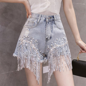 New Elegant Shorts Lady Tassel Beading High Waist Wide Leg Denim Shorts Female Casual Solid Shorts