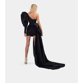 High End Black Mini Sheath Evening Dresses With Ribbon One Shoulder Puff Sleeves Sexy Short Prom Gowns Beaded Formal Dress