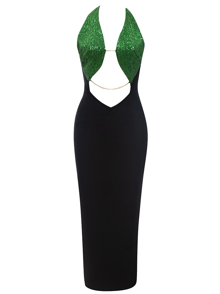 Sexy V Neck Halter Green Sequin Bodycon Bandage Dress Elegant leeveless Stitching Sequin Bandage Dress Evening Club Party Dress