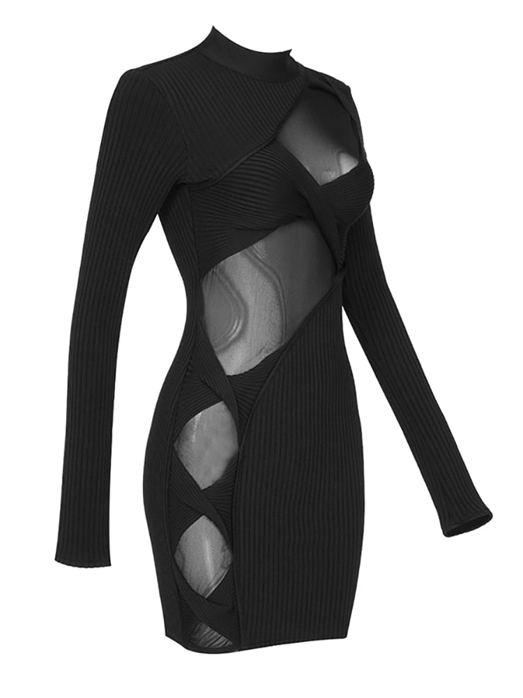 Sexy Long Sleeve Mesh Patchwork Bodycon Bandage Mini Dress Women Black Hollow Party Mini Dress Evening Birthday Club Dress 2022